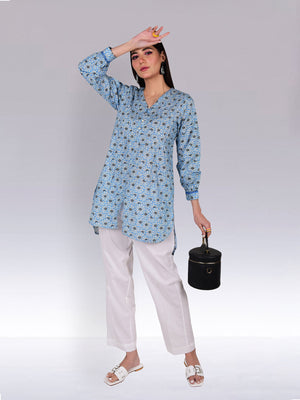 1Pc Printed Fusion Top Lawn White & Blue - OWTP-2302004