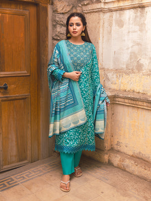 3Pc Embroidered Unstitched Lawn Aqua - OLE3P-6045-B