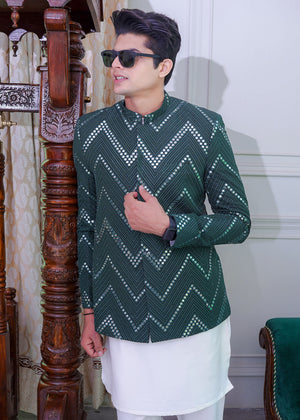 Green Mirror Work Embroidered Prince Coat