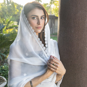 White Embroidered Chiffon Dupatta with lacework- Dyeable