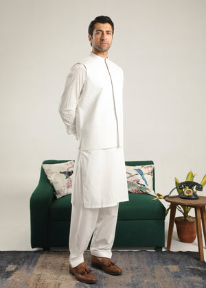 Off White Cotton Kurta Shalwar & Waistcoat - Men - 3 PC