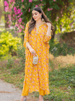 Mustard Printed Kaftan Set