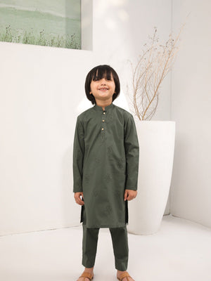 Army Green Embroidered Cotton Kurta Trouser - Kids - 2PC