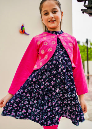 Corduroy Frock With Pink Embroidered Shrug