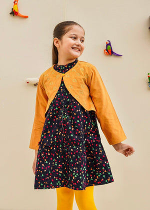 Corduroy Frock With Mustard Embroidered Shrug