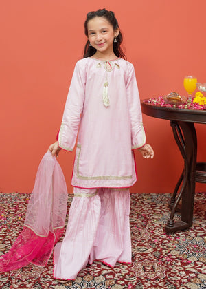 Girls Pink Cotton Gharara - 3 Piece Suit | 8415