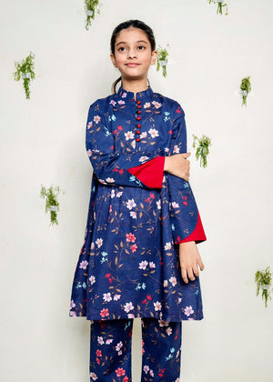 Multi Rose Printed Blue Frock 2pc