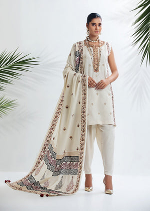 D-10 - Ethnic White Embroidered Karandi Suit