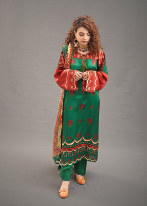 Green Silk Print Shirt & Dupatta