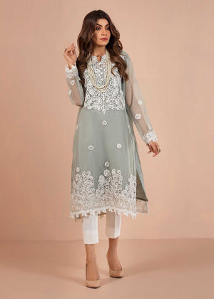 Jade - Pastel Blue Kameez with White Embroidery With Cotton silk trousers