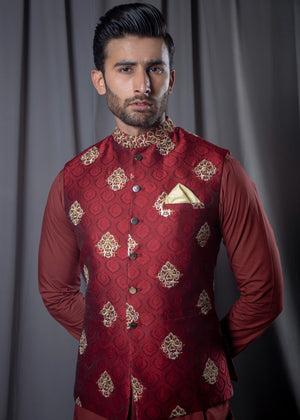 RED JAMAWAR EMB WAISTCOAT