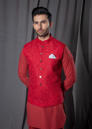 RED JAMAWAR WAISTCOAT