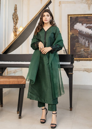 Bottle Green Embroidered Raw Silk 3pc Suit