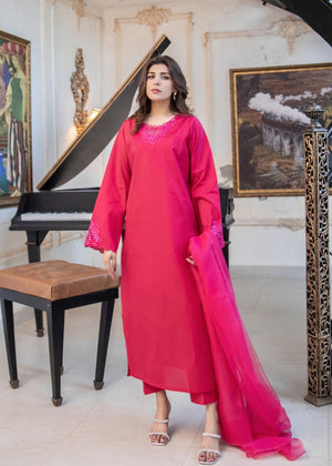 Shocking Pink Embroidered Raw Silk 3pc Suit