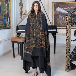 Black Pashmina Wool Hand-Embroidered Shawl with border (Needle work)