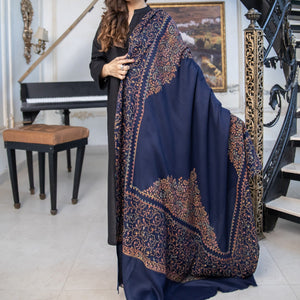 Navy Blue Pashmina Wool Hand-Embroidered Shawl with border (Needle work)