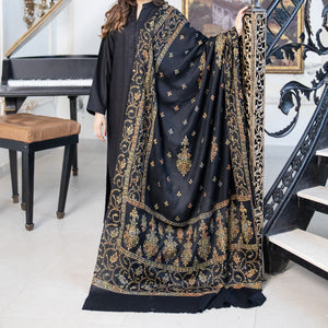 Black Pashmina Wool Hand-Embroidered Shawl (Needle work)