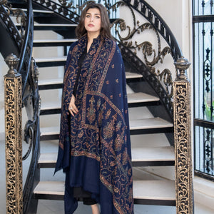 Navy Blue Pashmina Wool Hand-Embroidered Shawl (Needle work)