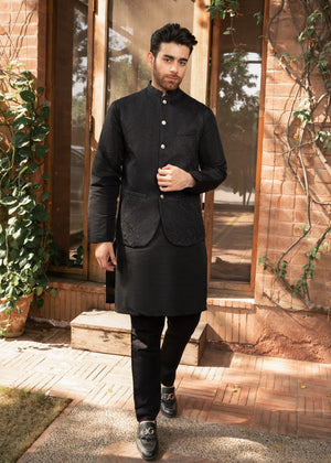 Black Embroidered Waistcoat on Black - 3 Piece