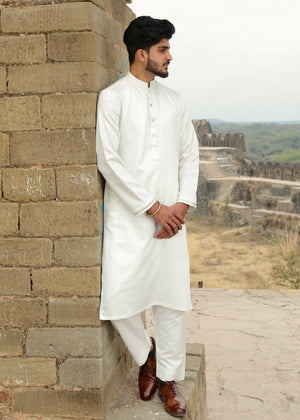 Self Print Brocade Men Kurta Suit - White