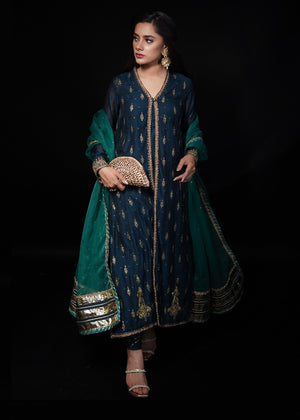 Layla - 3 PIECE EMBROIDRED COTTON SILK SUIT - Navy Blue