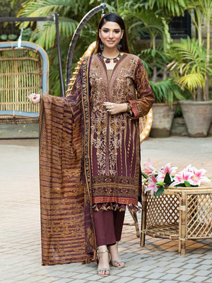Dark rosewood-Unstitched 3pc Printed Embroidered Lawn Shirt with Fancy Chiffon Printed Dupatta & Dyed Cambric Trouser - Estela (WK-00719A)