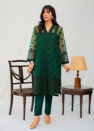 Bottle Green Embroidered Organza 2pc suit