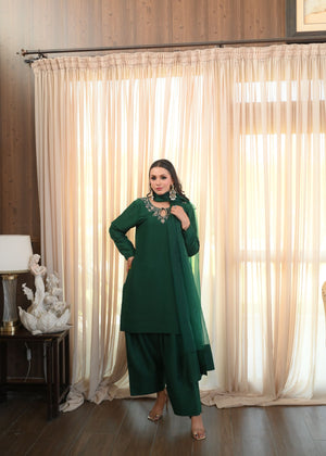 Bottle Green Pure Raw Silk Outfit