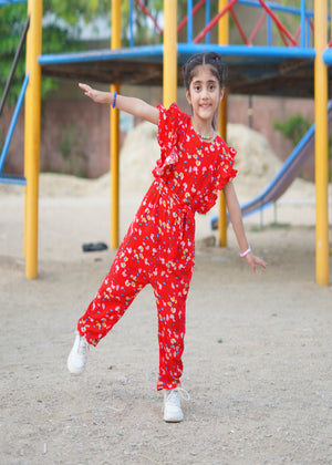 Red Floral Butterfly Pattern Jumpsuit