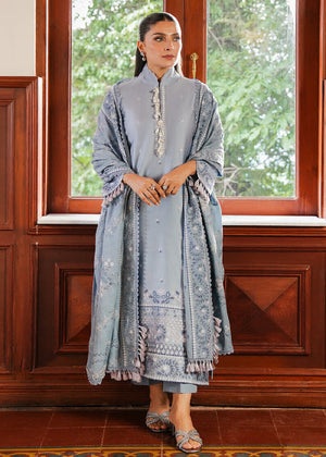 SERENITY BLUE-3PC SATIN EMBROIDERED SUIT