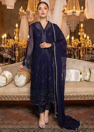 Navy Blue – Embroidered Chiffon Unstitched 3Pc Suit