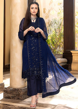 Midnight Blue – Embroidered Chiffon Unstitched 3Pc Suit