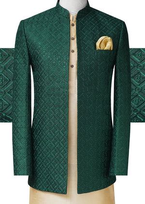 Deep Green Sequin Work Prince Coat OC018