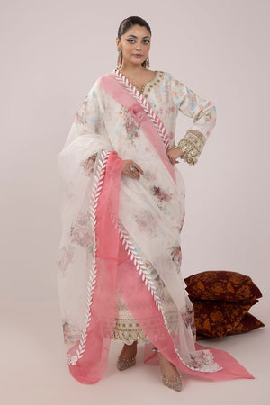 3PC Unstitched | Embroidered Lawn Suit | Organza Dupatta