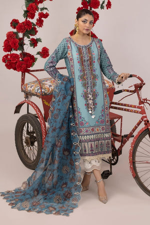 3PC Unstitched | Embroidered Lawn Suit | Organza Dupatta