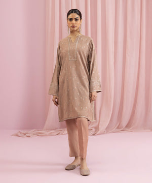 Womens Eid Pret Brown Embroidered Cotton Silk Two Piece Suit