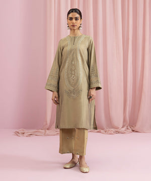 Womens Eid Pret Slate Yellow Embroidered Cotton Silk Two Piece Suit