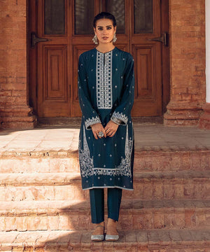 Womens Eid Pret Blue Embroidered Cotton Silk Two Piece Suit