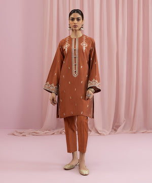 Womens Eid Pret Rust Embroidered Cotton Silk Two Piece Suit