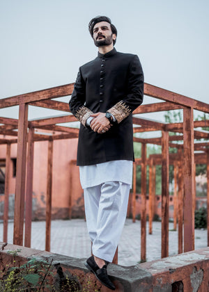 IQ Mens Wear by Sana Suiting - Black and Gold Short Sherwani  - IQ GB A2