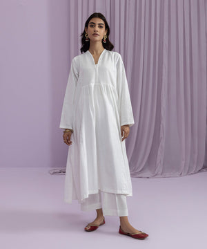 Womens Eid Pret Off White Yarn Dyed Cotton Two Piece Suit