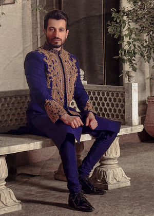 Traditional Embroidered Sherwani Paired with Raw Silk Pants - GR0056