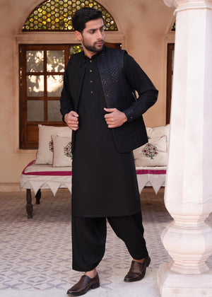Regular Fit Kurta Shalwar with Waist Coat - Black - 22