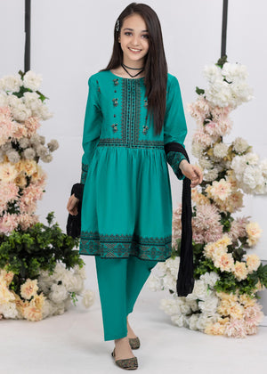 3 PIECES GREEN EMBROIDERED FROCK