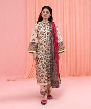 Womens Eid Pret Beige Printed Lawn Three Piece Suit