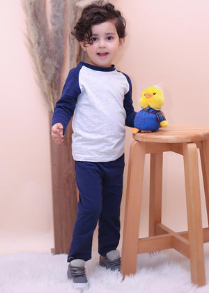 Oolaa Kids Raglan Full Sleeves Pajama Set Grey & Navy Blue