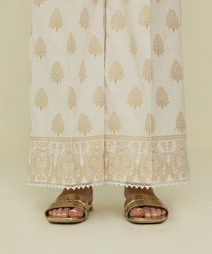 Womens Eid Pret Off White Embroidered Extra Weft Jacquard Trousers