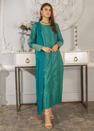 Sea Green Embroidered Raw Silk 3pc Suit