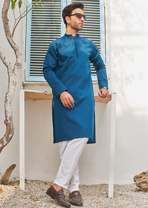French Blue Cotton Kurta with Trouser
