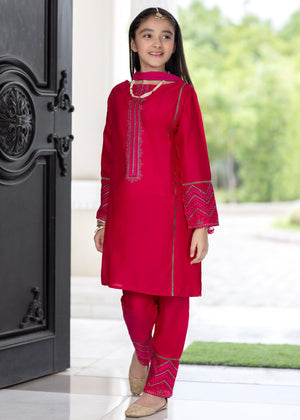 3 Piece Shocking Pink Embroidered Suit